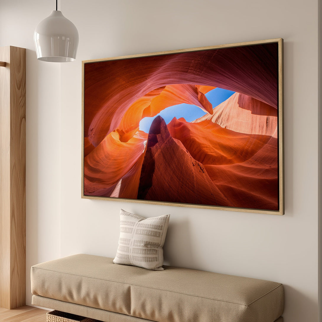 Framed Wall Art of Antelope Canyon. Stunning orange and red sandstone formations. Bring nature's beauty indoors with this vibrant canvas print!