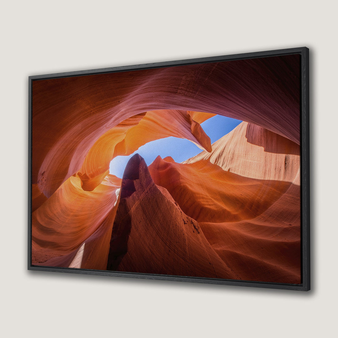 Framed Wall Art: Stunning canyon landscape Canvas Print in warm orange and red tones. Bring the beauty of nature into your home!