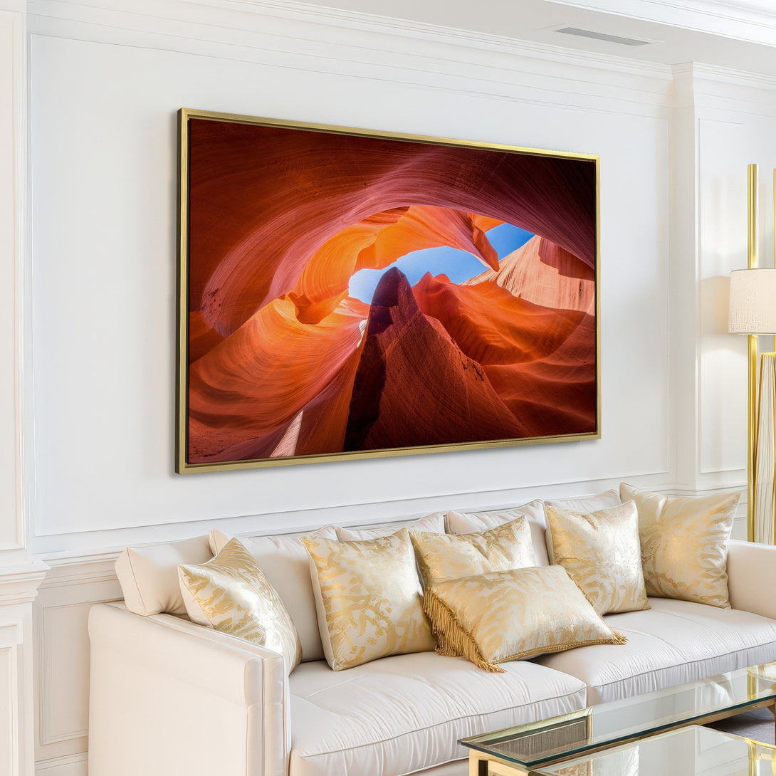 Canvas Print of Antelope Canyon. Warm, earthy tones of orange and red create a stunning landscape. Perfect for adding natural beauty to your home.