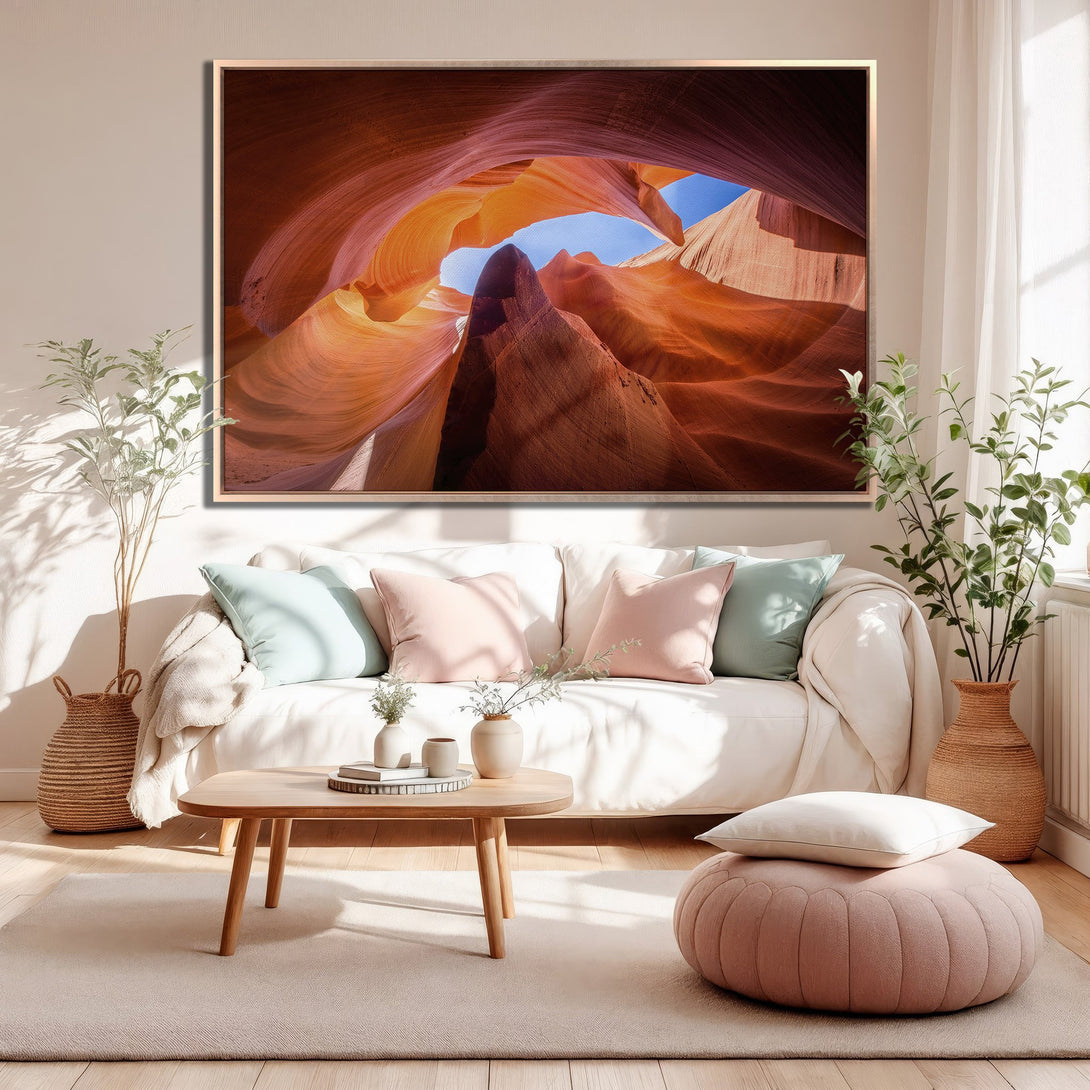 Framed Wall Art of Antelope Canyon in warm orange tones. Stunning landscape Canvas Print adds a touch of nature and modern style to any living room.