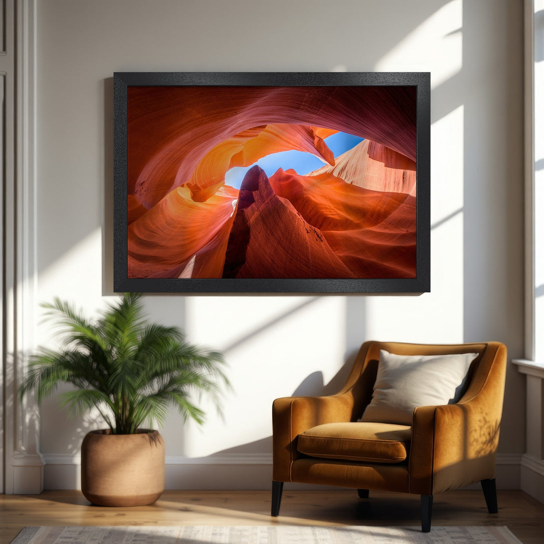 Framed Poster of Antelope Canyon. Stunning landscape art in warm orange and red tones. Perfect wall decor.