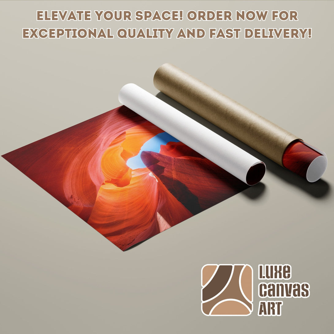 Stunning canyon Poster Roll art print. Warm red, orange, and blue color palette. Elevate your space today!
