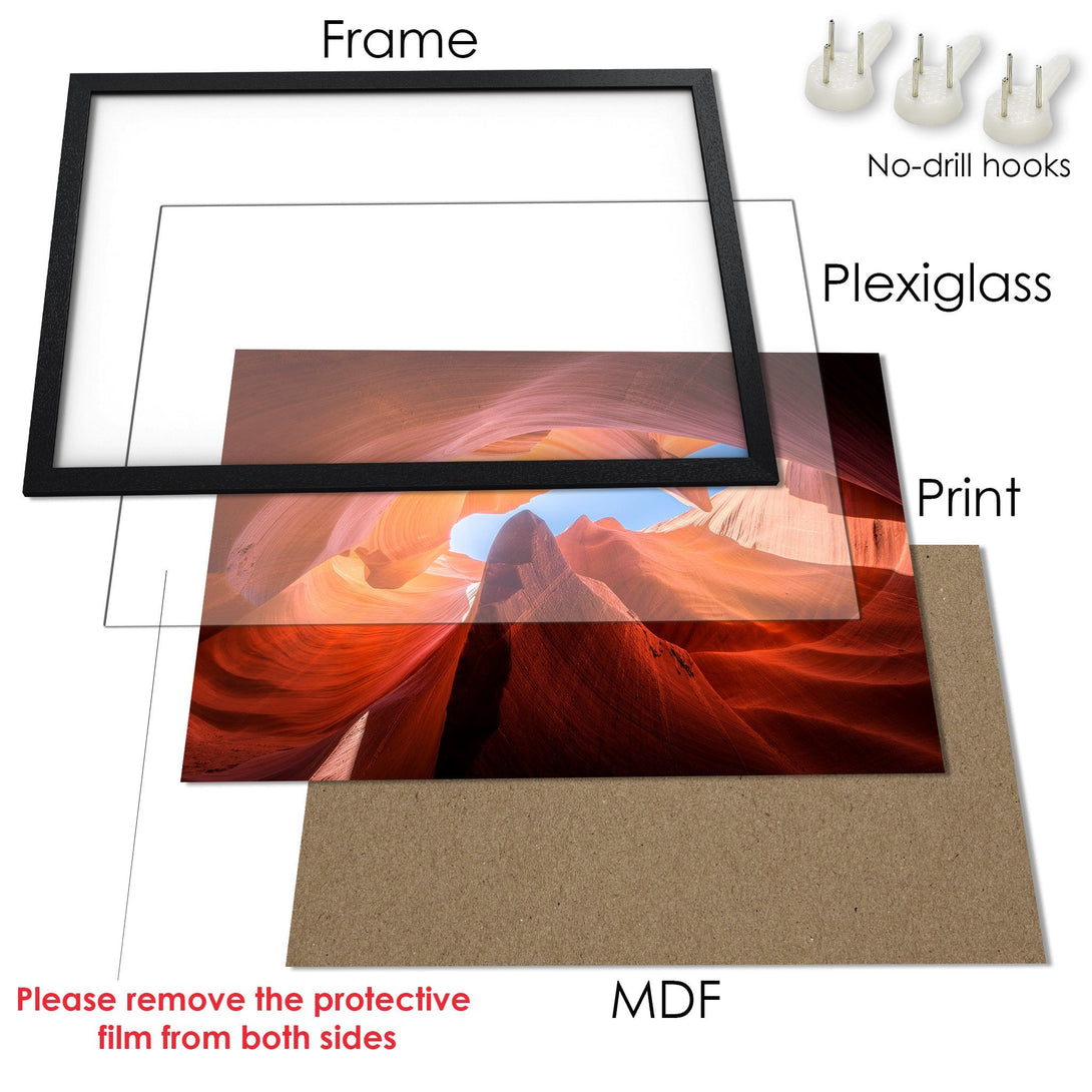 Framed Poster of stunning desert canyon landscape art. Earth-toned color palette, perfect for home decor.
