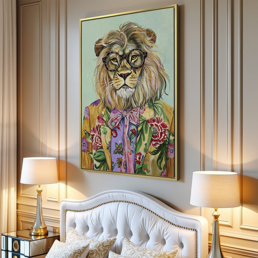 Canvas Print of a lion in a floral jacket. Whimsical art with a warm color palette, perfect for adding personality to your space.