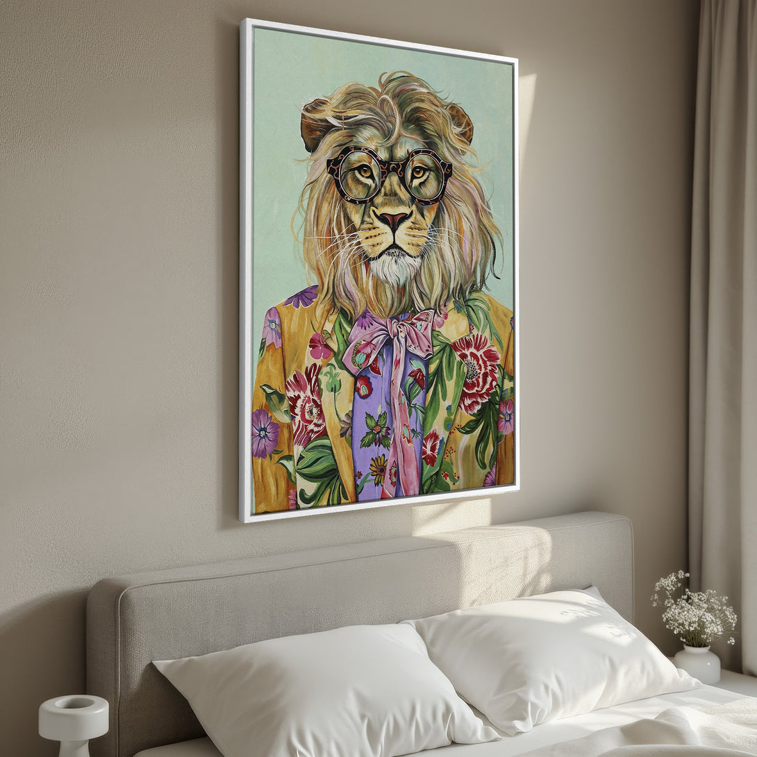 Framed Wall Art featuring a stylish lion wearing glasses and a floral jacket. Warm, colorful palette adds a touch of whimsy to any space.