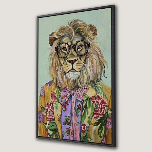 Framed Wall Art: Hipster lion portrait with glasses and floral jacket. Vibrant colors on canvas. Unique wall decor for a stylish home.