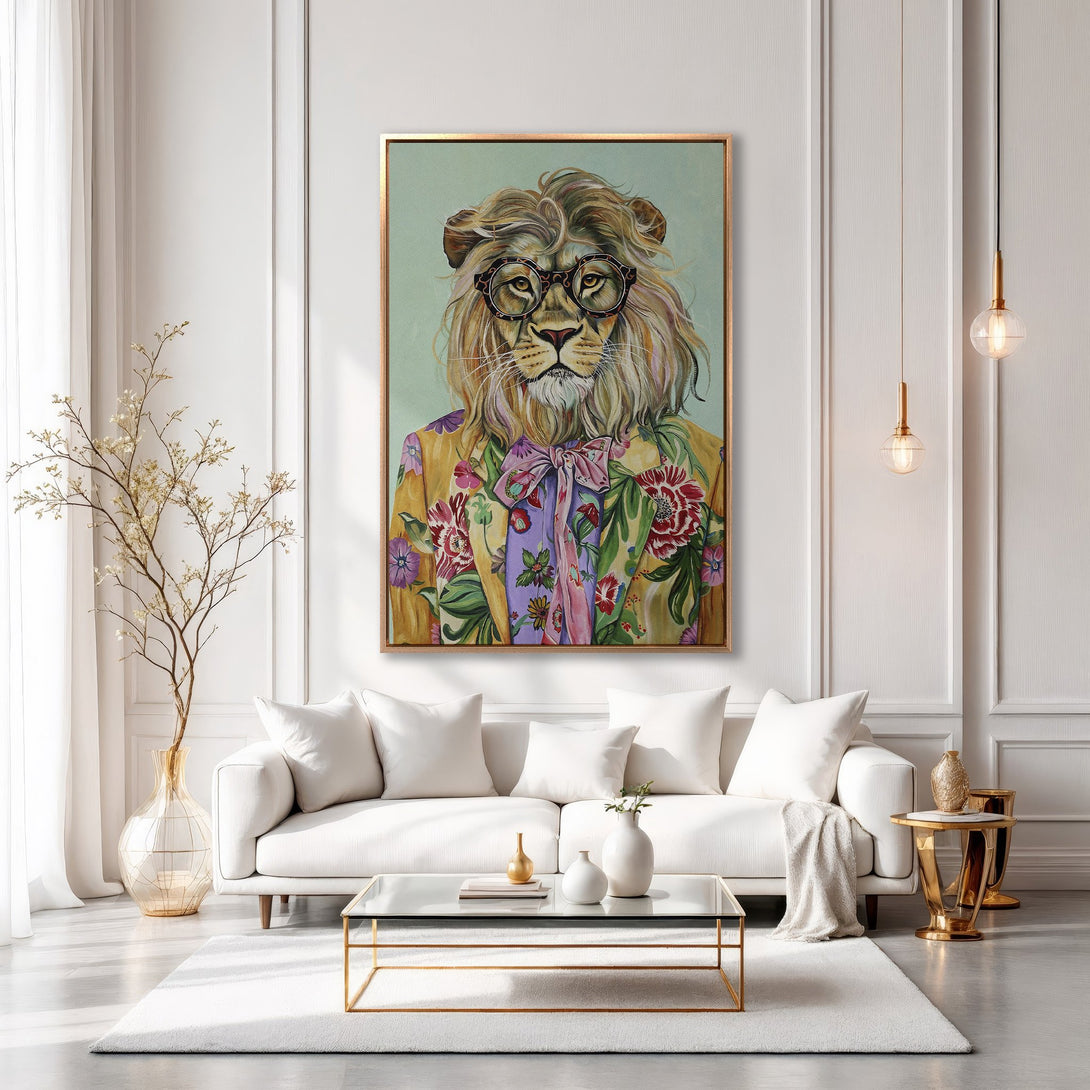 Framed Wall Art: Stylish lion portrait in floral jacket. Modern interior decor with a vibrant, colorful palette. Perfect for adding personality to your space.