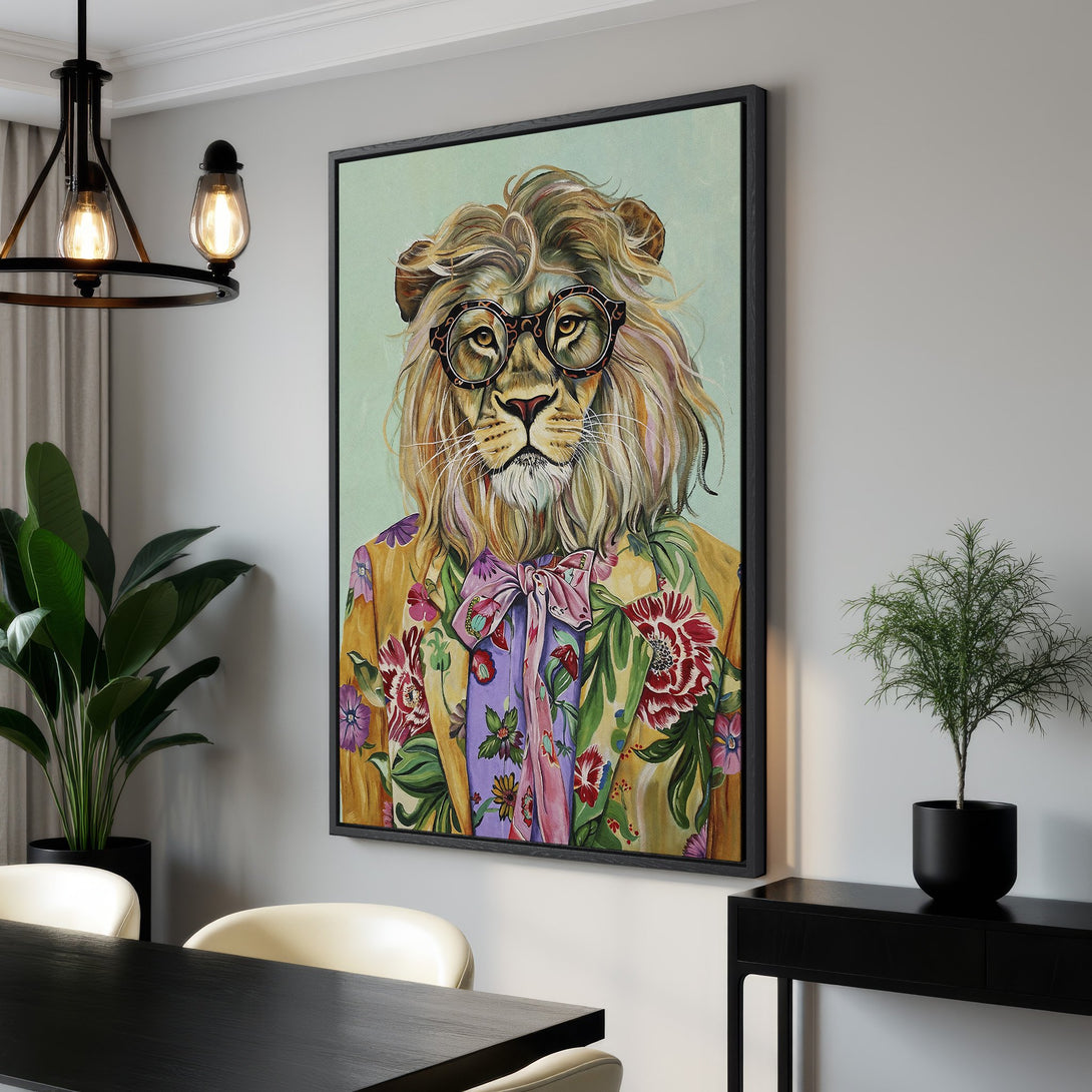 Framed Wall Art featuring a stylish lion in a floral jacket. Whimsical art with a colorful palette, perfect for adding personality to your home decor.
