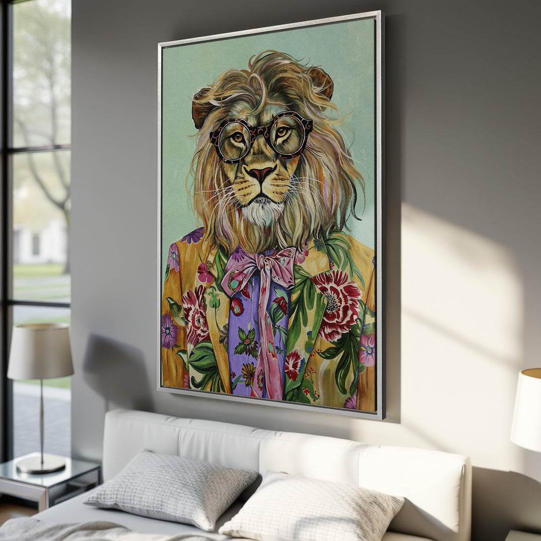 Framed Wall Art: Stylish lion portrait in a floral suit, vibrant colors. Perfect for adding a unique touch to your home decor. Shop now!