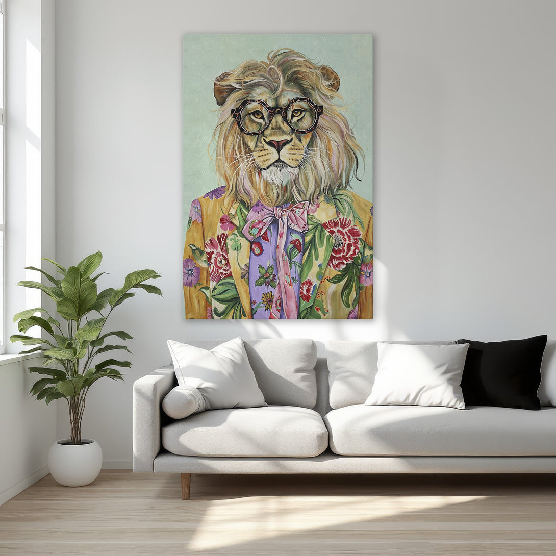 Framed Wall Art: Stylish lion portrait with glasses & floral jacket. Colorful artwork, perfect for bedroom decor. Add a touch of whimsy!