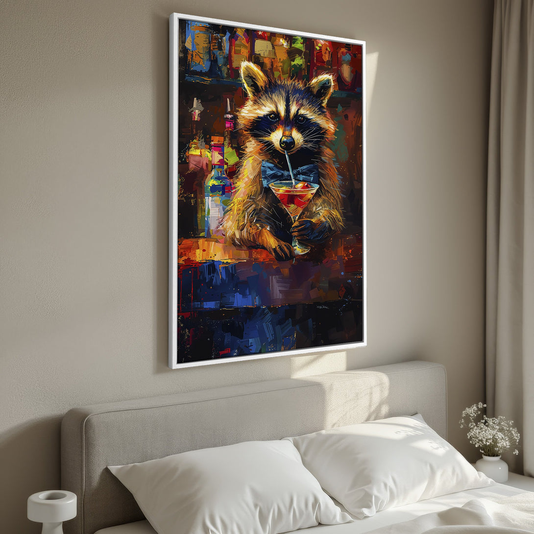 Framed Wall Art: Playful raccoon enjoying a cocktail. Modern, colorful art print with vibrant blues, oranges, and browns. Perfect for adding personality to your space.
