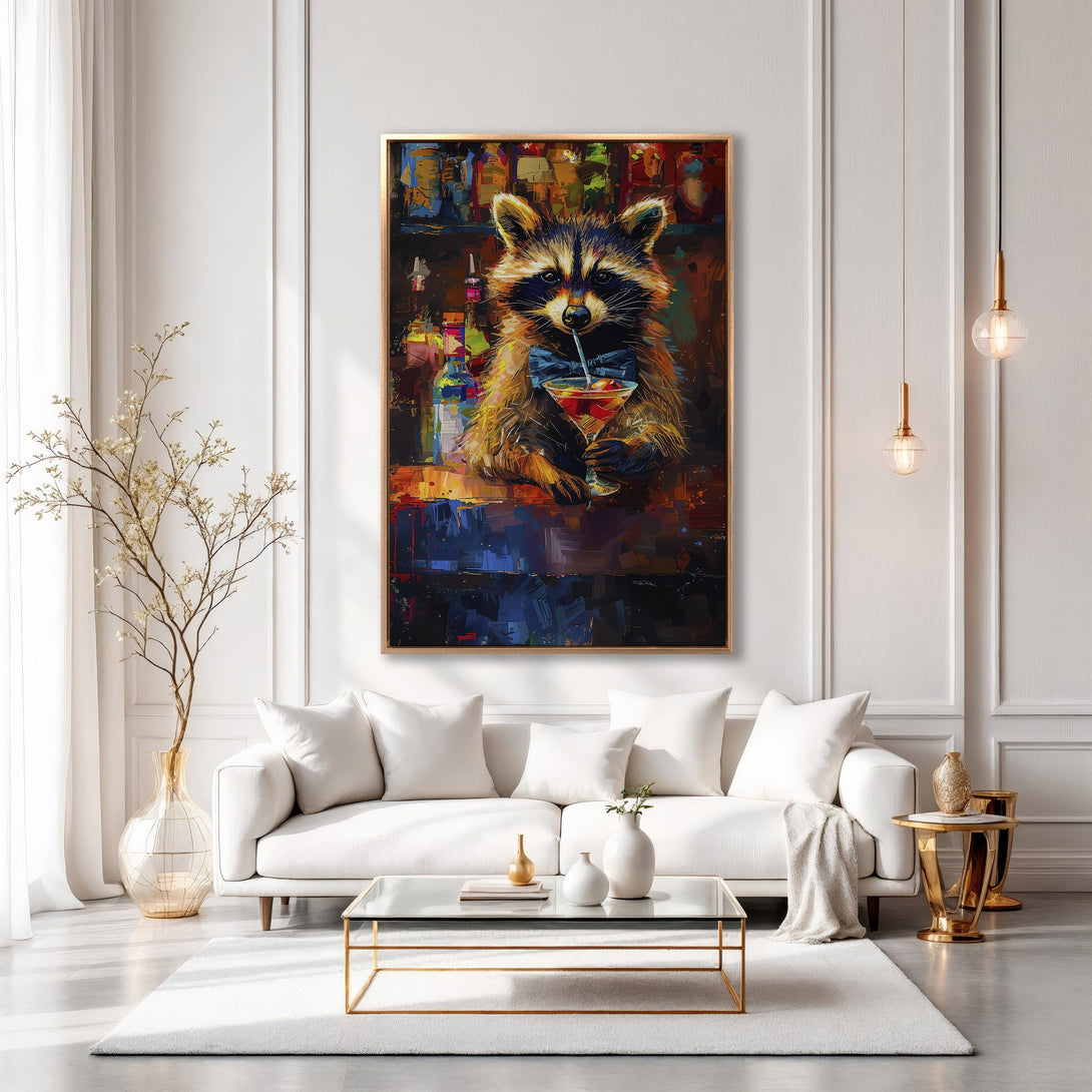 Framed Wall Art: Playful raccoon enjoying a cocktail, vibrant abstract style with warm and cool tones. Perfect for adding personality to your space!