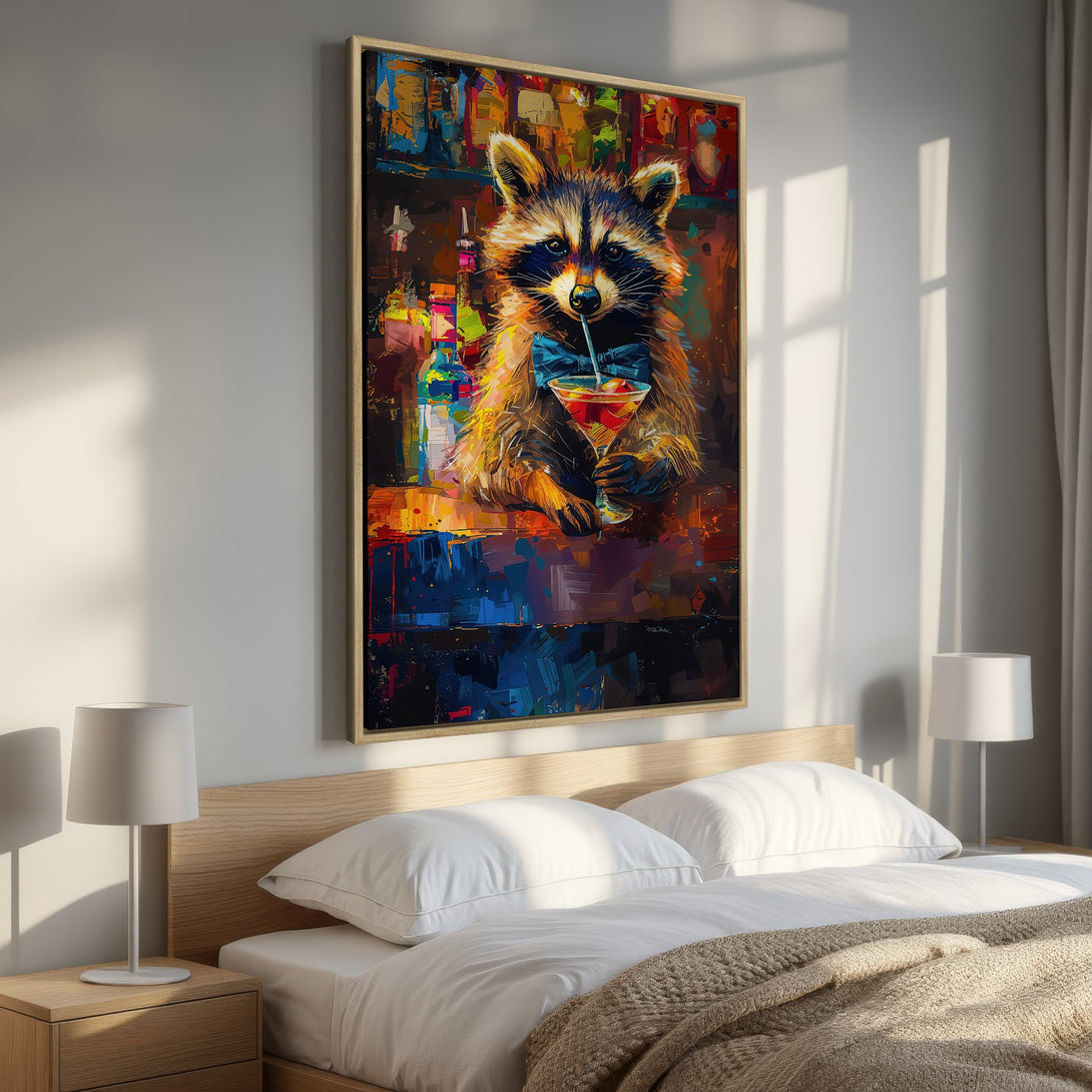 Framed Wall Art: Playful raccoon enjoying a cocktail, vibrant abstract style with rich blues, oranges, and yellows. Perfect for adding personality to any room!