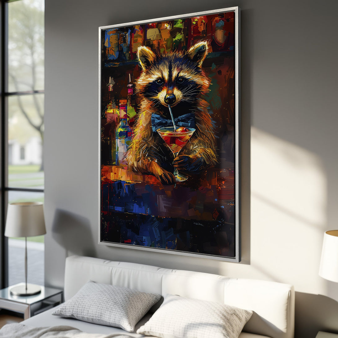 Framed Wall Art: Playful raccoon enjoying a cocktail. Vibrant, abstract art in warm, rich colors. Perfect for adding personality to your space!