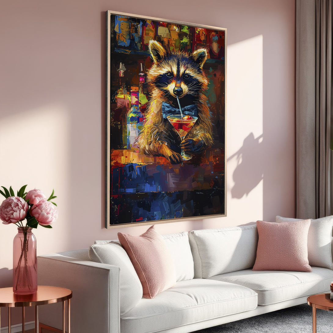Framed Wall Art: Whimsical raccoon enjoying a cocktail, impressionist style, vibrant colors. Perfect for adding a touch of fun to your home decor!