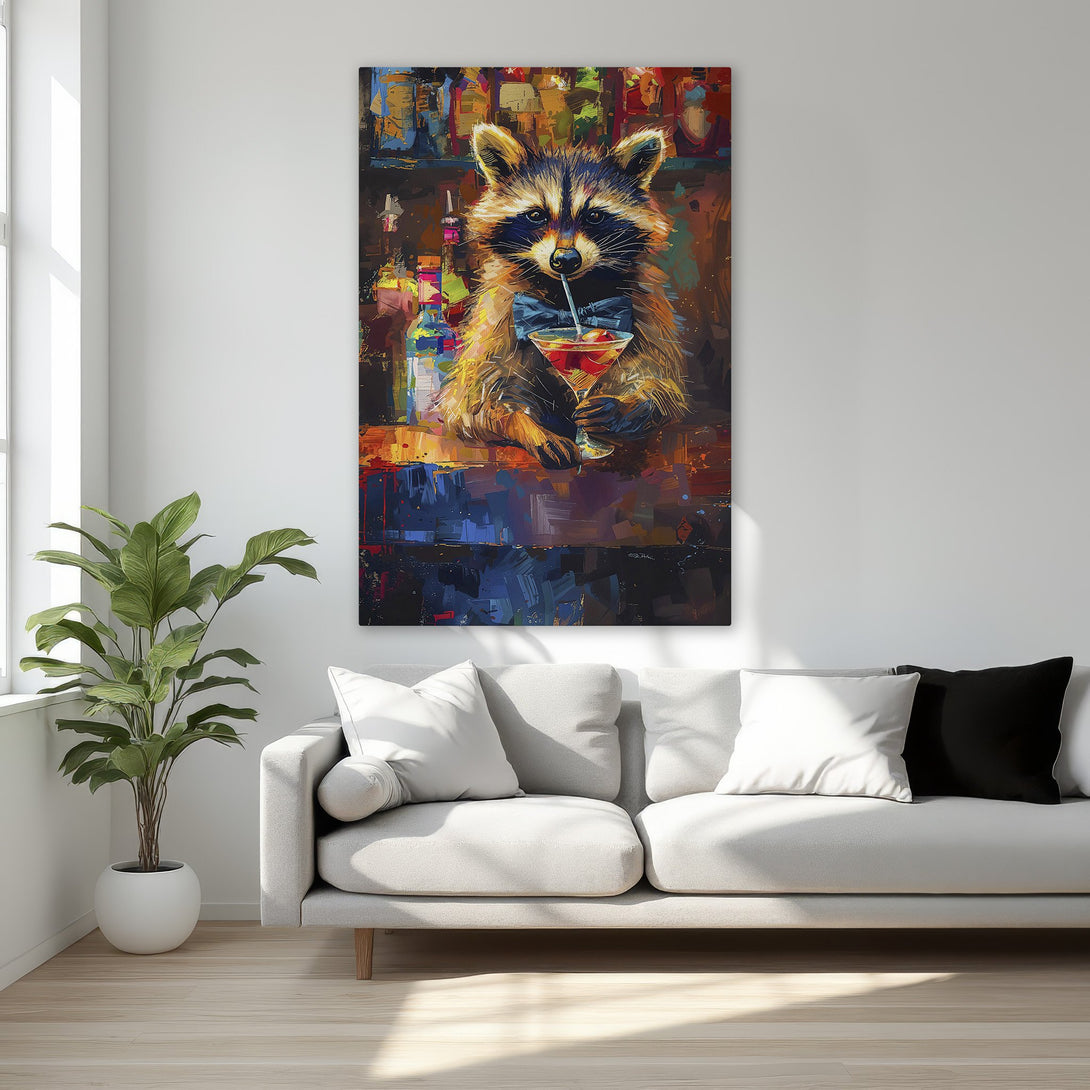 Framed Wall Art: Whimsical raccoon enjoying a cocktail. Colorful, impressionistic style with a vibrant palette of blues, reds, and golds. Perfect for adding personality!