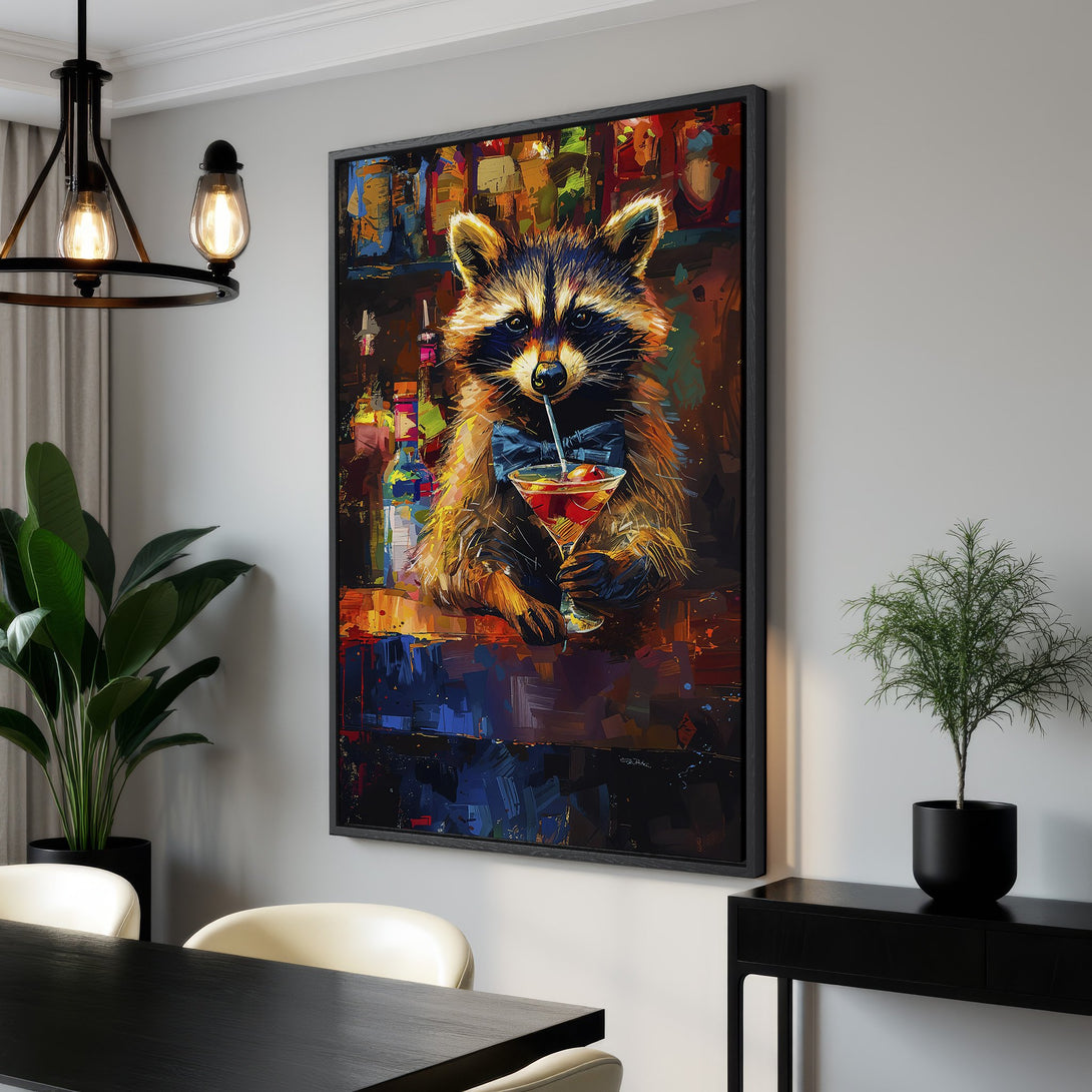 Framed Wall Art: Playful raccoon enjoying a cocktail. Modern, colorful abstract painting in warm, vibrant hues. Perfect for adding personality to your space!
