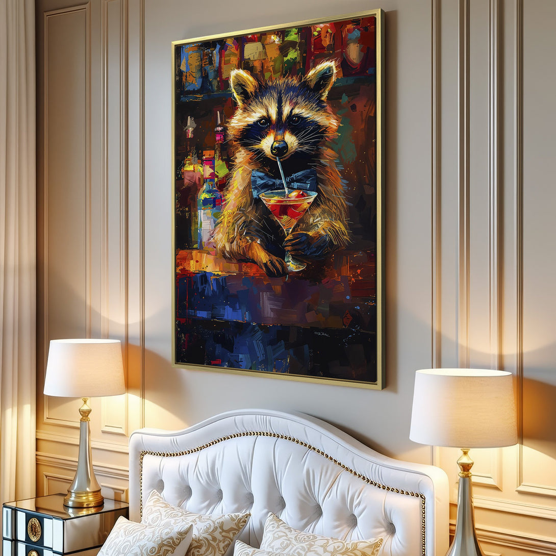 Canvas Print featuring a raccoon at a bar, vibrant abstract art style, with a warm, colorful palette. Perfect wall decor!