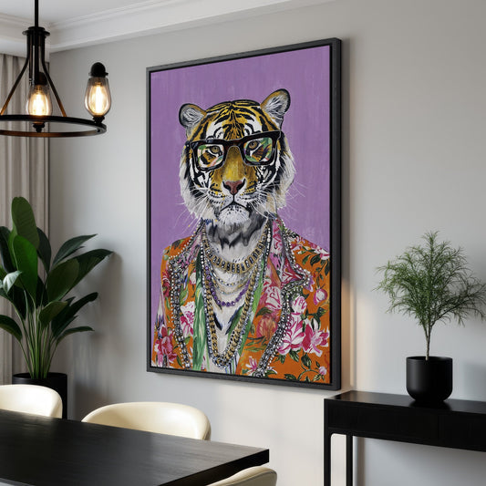 Anthropomorphic Tiger in Floral Shirt Framed Canvas Print