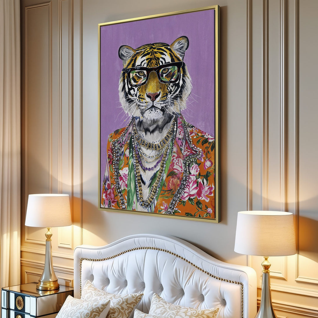 Canvas Print of a stylish tiger in glasses and floral jacket, set against a purple background. Vibrant orange, pink, and green color palette.
