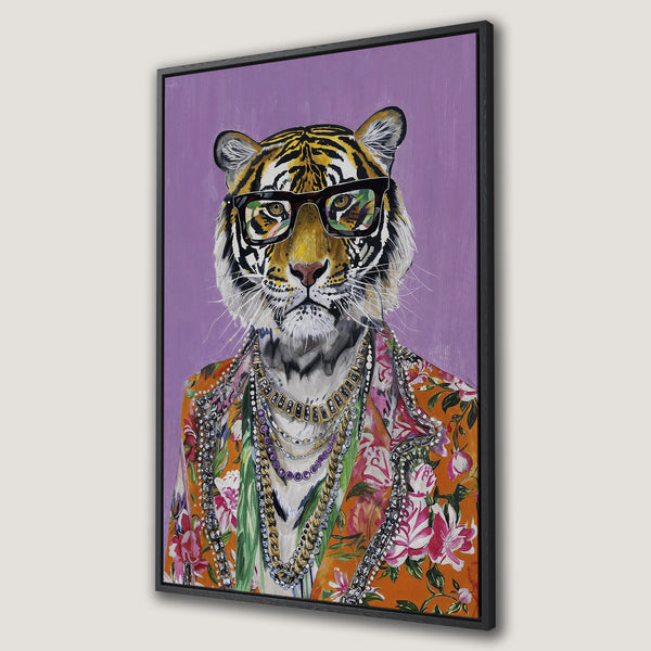 Framed Wall Art of a stylish tiger wearing glasses and jewelry, vibrant orange and purple color palette. Modern animal portrait Canvas Print.