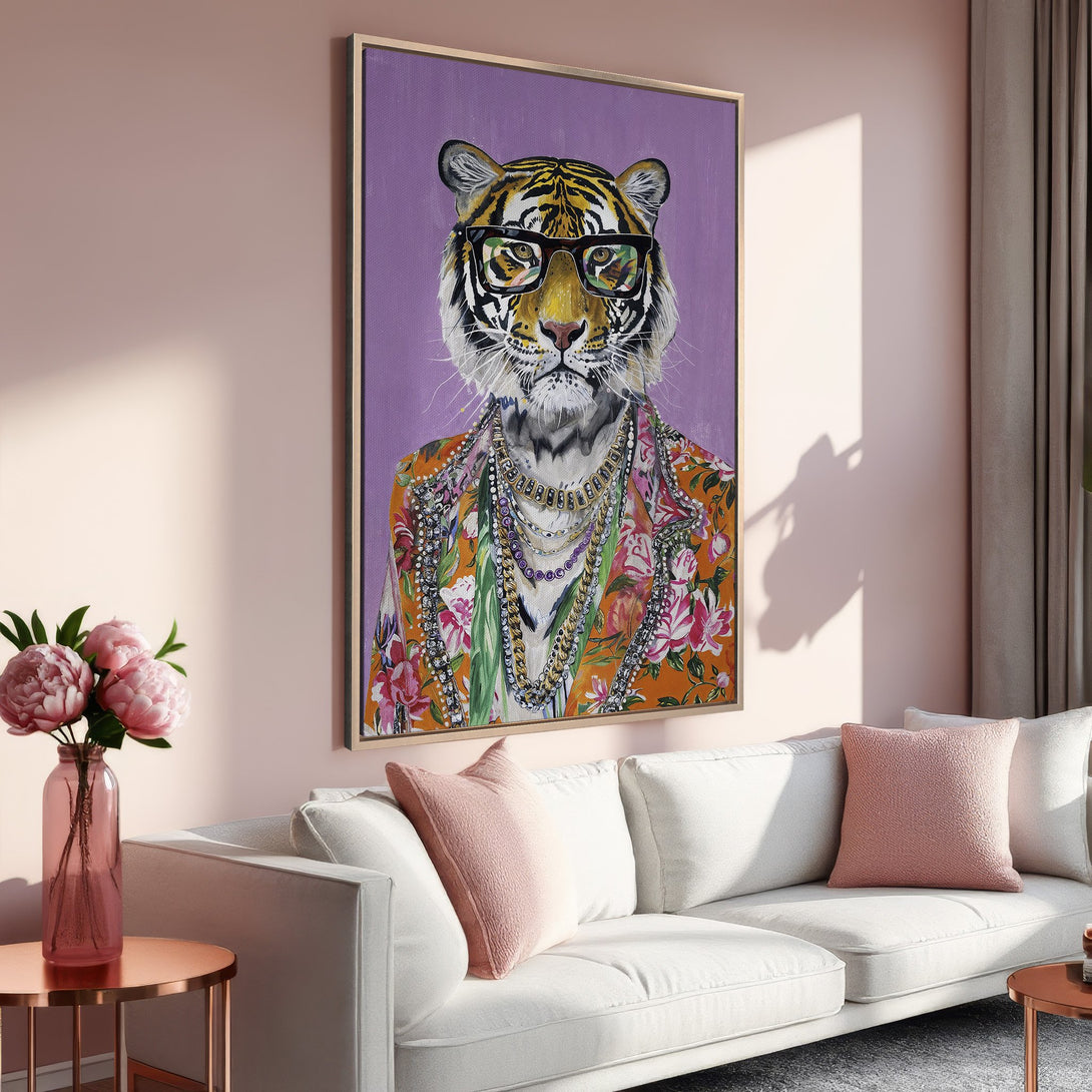 Framed Wall Art: Stylish tiger portrait in a colorful floral jacket, displayed in a modern living room with a pink and gold color palette.