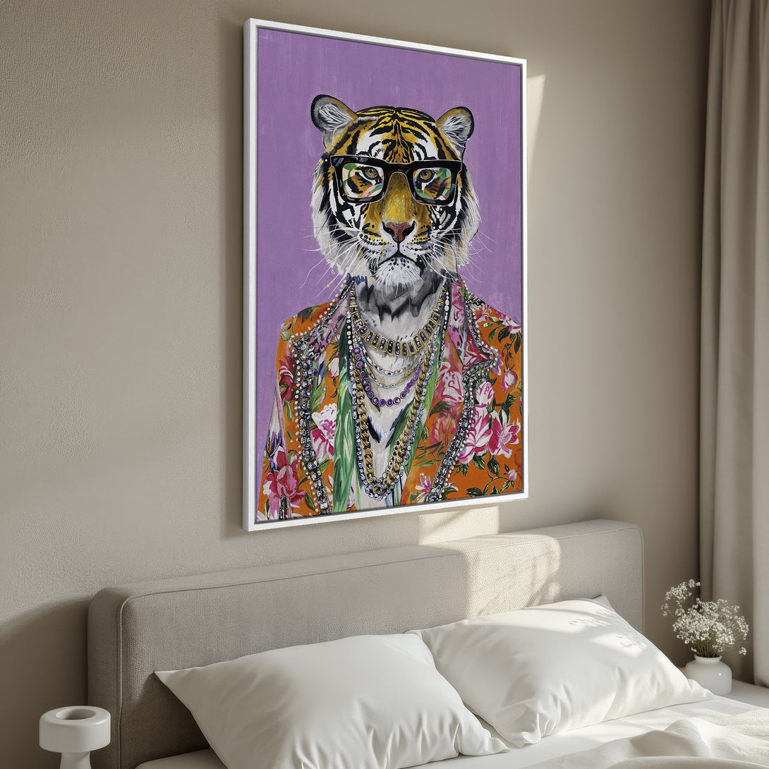 Framed Wall Art featuring a stylish tiger portrait in a colorful floral jacket. Vibrant purple, orange, and green palette, perfect for adding personality to any room.