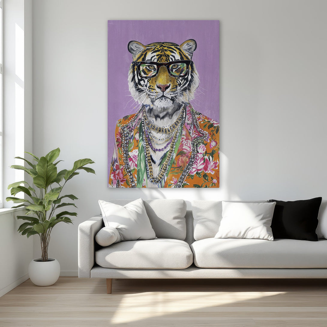 Framed Wall Art: Hipster tiger portrait in vibrant colors. Adds personality to any space. Perfect for modern decor. Shop now!