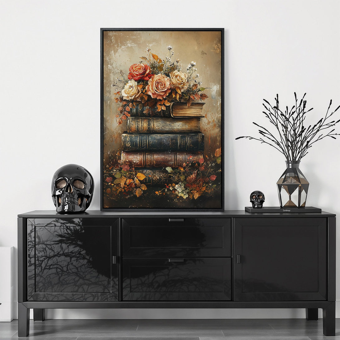 Framed Wall Art featuring a floral still life on books, with warm, muted tones. Perfect for adding a touch of elegance to any space.