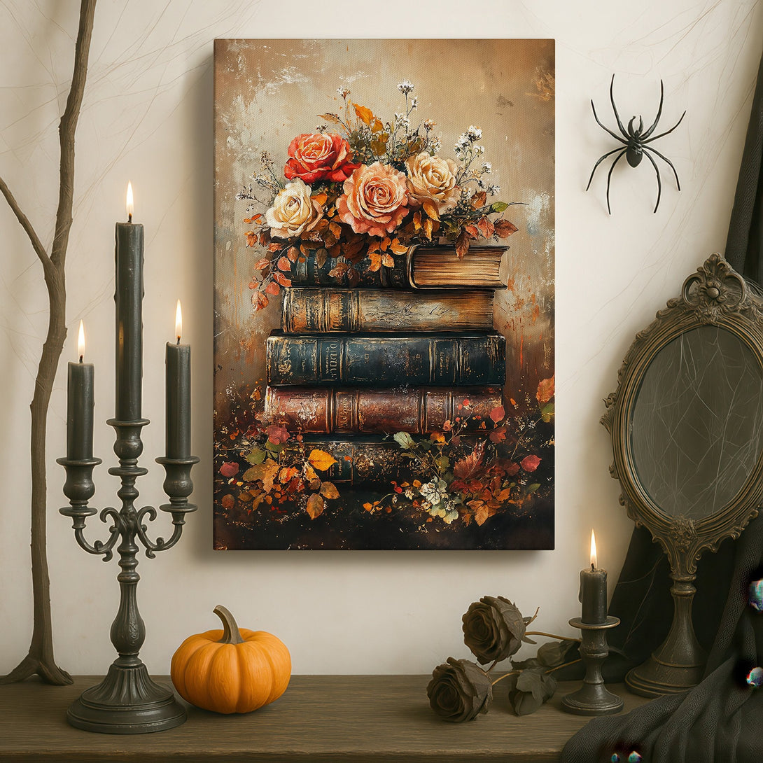 Framed Wall Art: Floral still life Canvas Print in warm tones, featuring roses on books. Perfect for adding elegance to any interior.