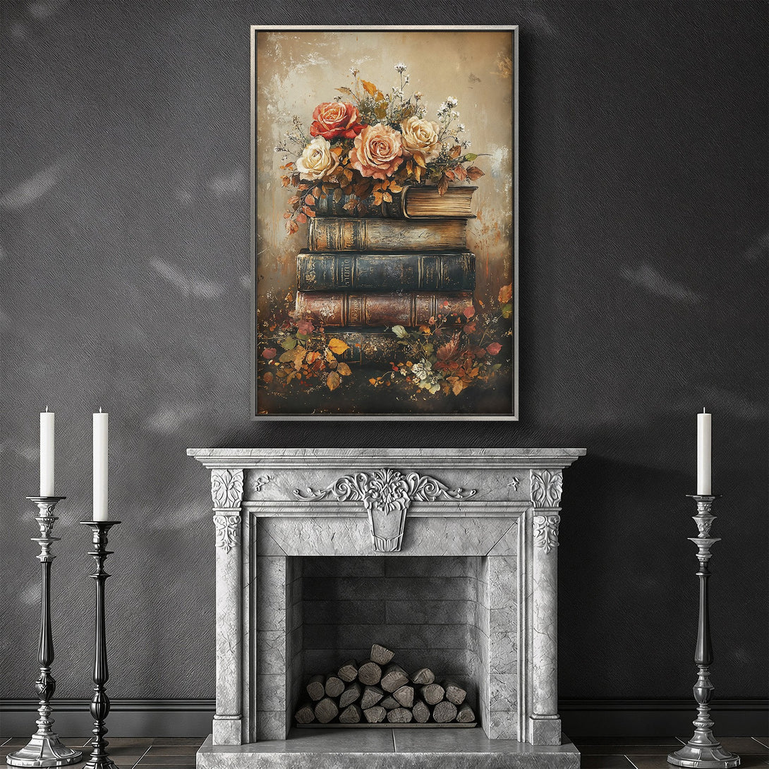 Framed Wall Art featuring a floral still life on books. Warm color palette: roses, autumn leaves. Perfect for adding vintage charm to your space.