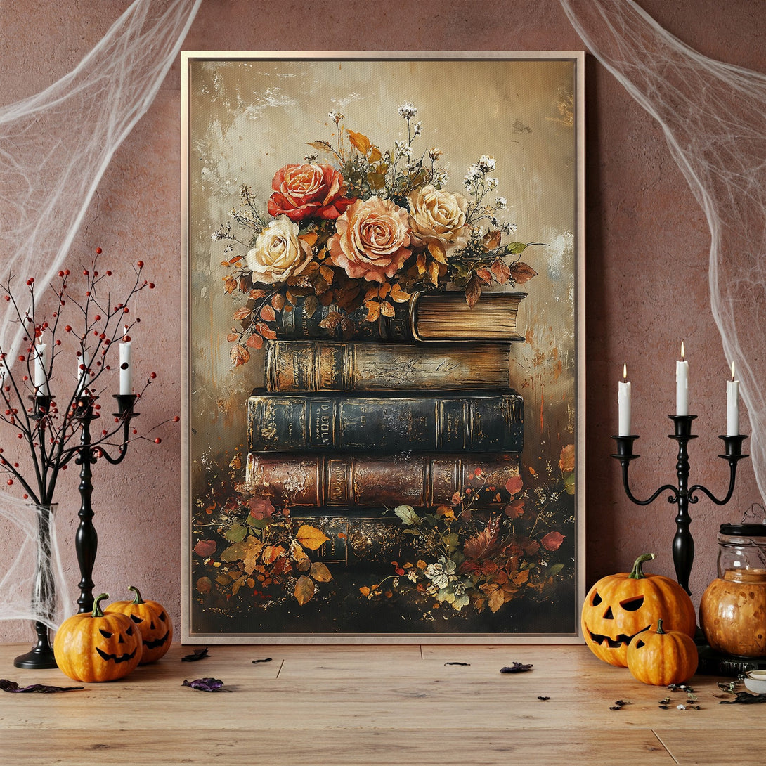 Framed Wall Art: Vintage floral still life Canvas Print with warm, autumnal tones. Perfect for adding a touch of elegance to your home decor.