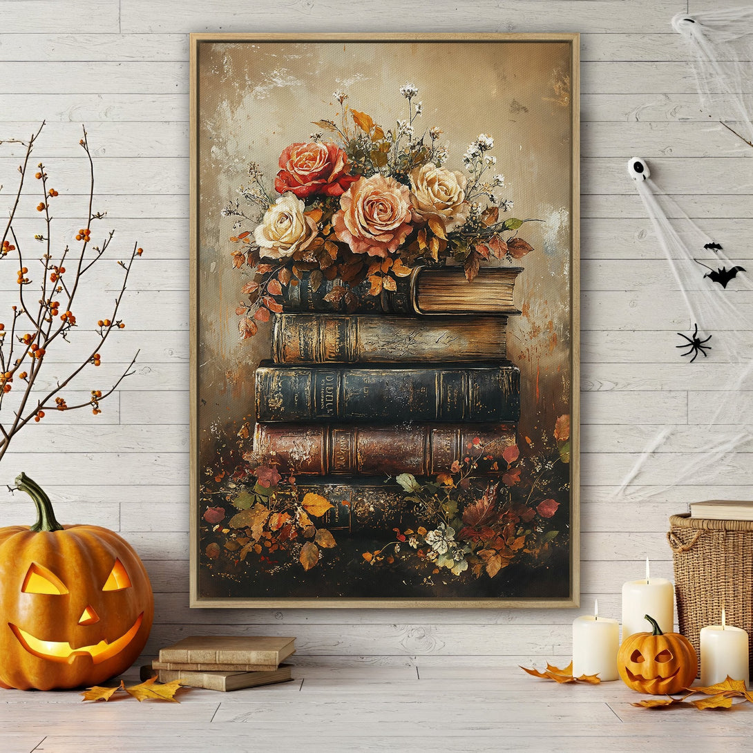 Framed Wall Art featuring a vintage still life of roses and books in warm autumn tones. Perfect for adding a touch of cozy elegance to your home decor.