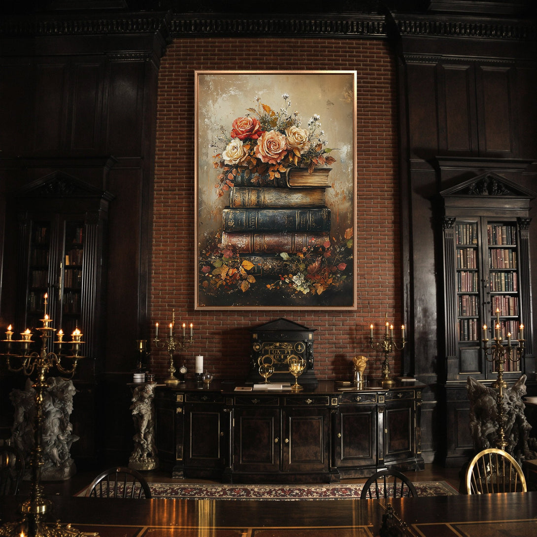Framed Wall Art featuring a floral still life on books, warm tones. Perfect for adding a touch of elegance to your home decor.