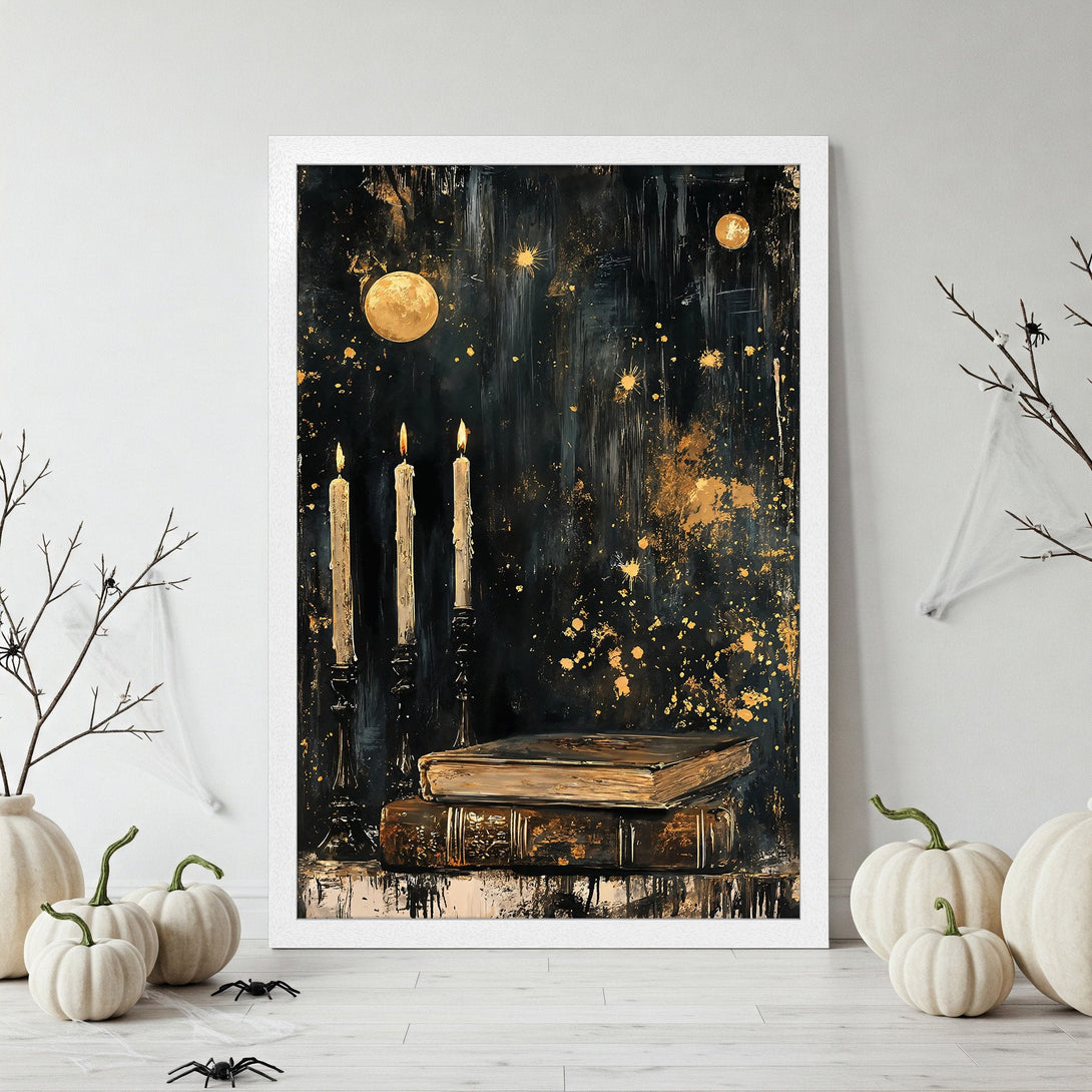 Framed Poster featuring a mystical scene with candles, books, and moons. Dark, moody style with gold and black color palette. Perfect Halloween decor.