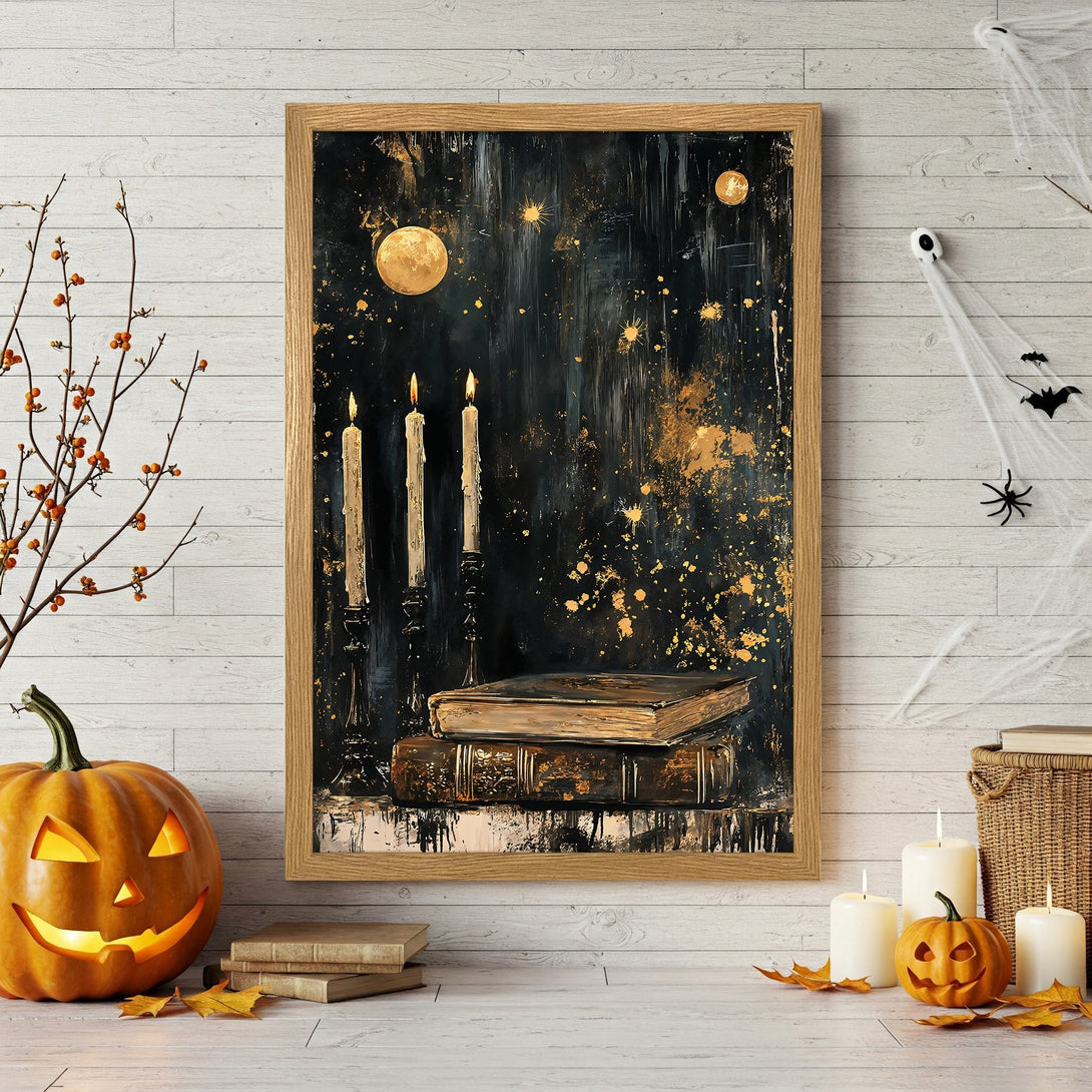 Framed Poster featuring a spooky Halloween scene with candles, books, and a moon. Dark, moody style with gold and black color palette.