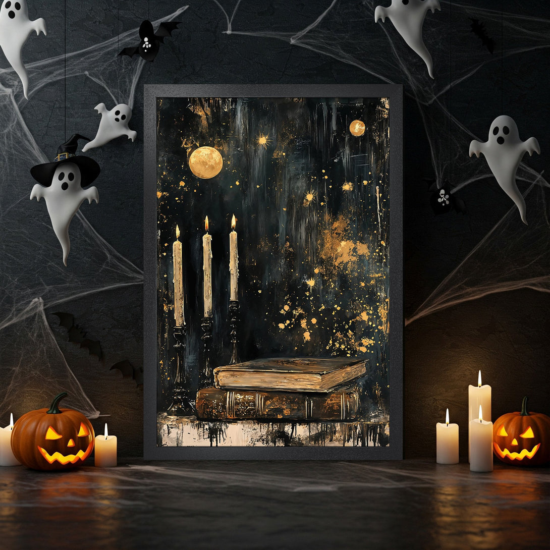 Framed Poster featuring a spooky Halloween scene with a dark, gold, and black color palette. Perfect for Halloween decor!
