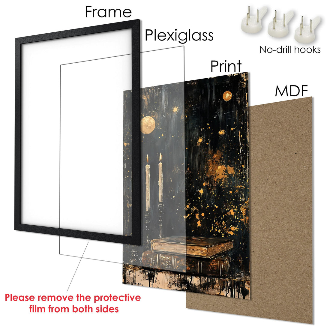 Framed Poster featuring a night scene with candles and books, dark and gold color palette. Perfect wall art!