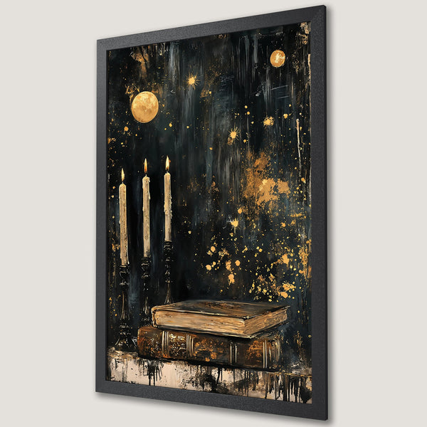 Framed Poster featuring a dark, artistic scene with candles, books, and gold accents. Moody style, black and gold color palette. Perfect wall art.