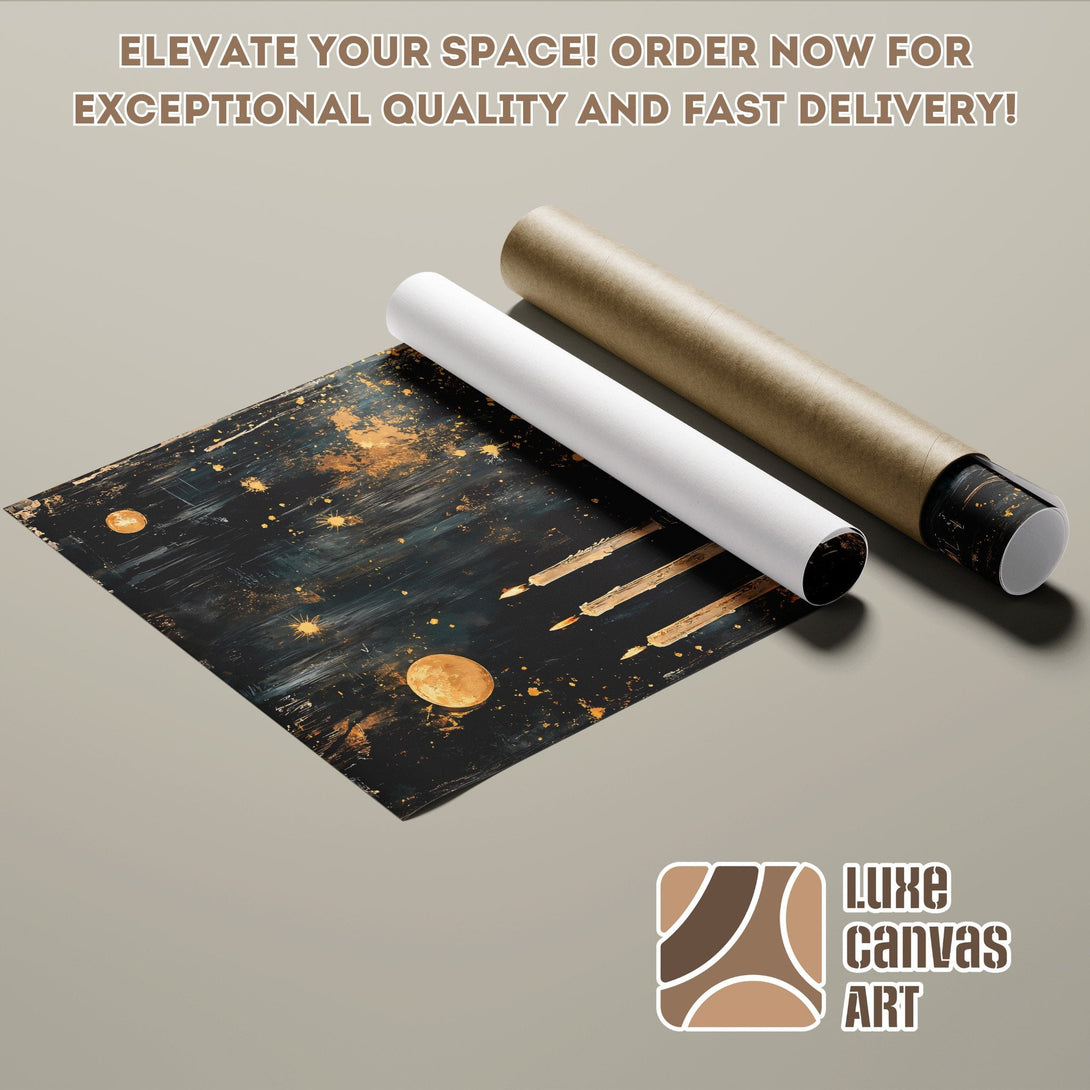 Abstract art poster roll with a dark, gold, and teal color palette. Elevate your space with this stunning poster!