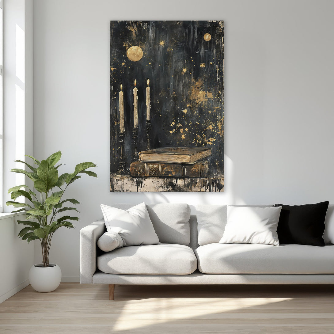 Framed Wall Art: Abstract black and gold canvas print with candles & books. Adds a touch of luxury to any room. Shop now!