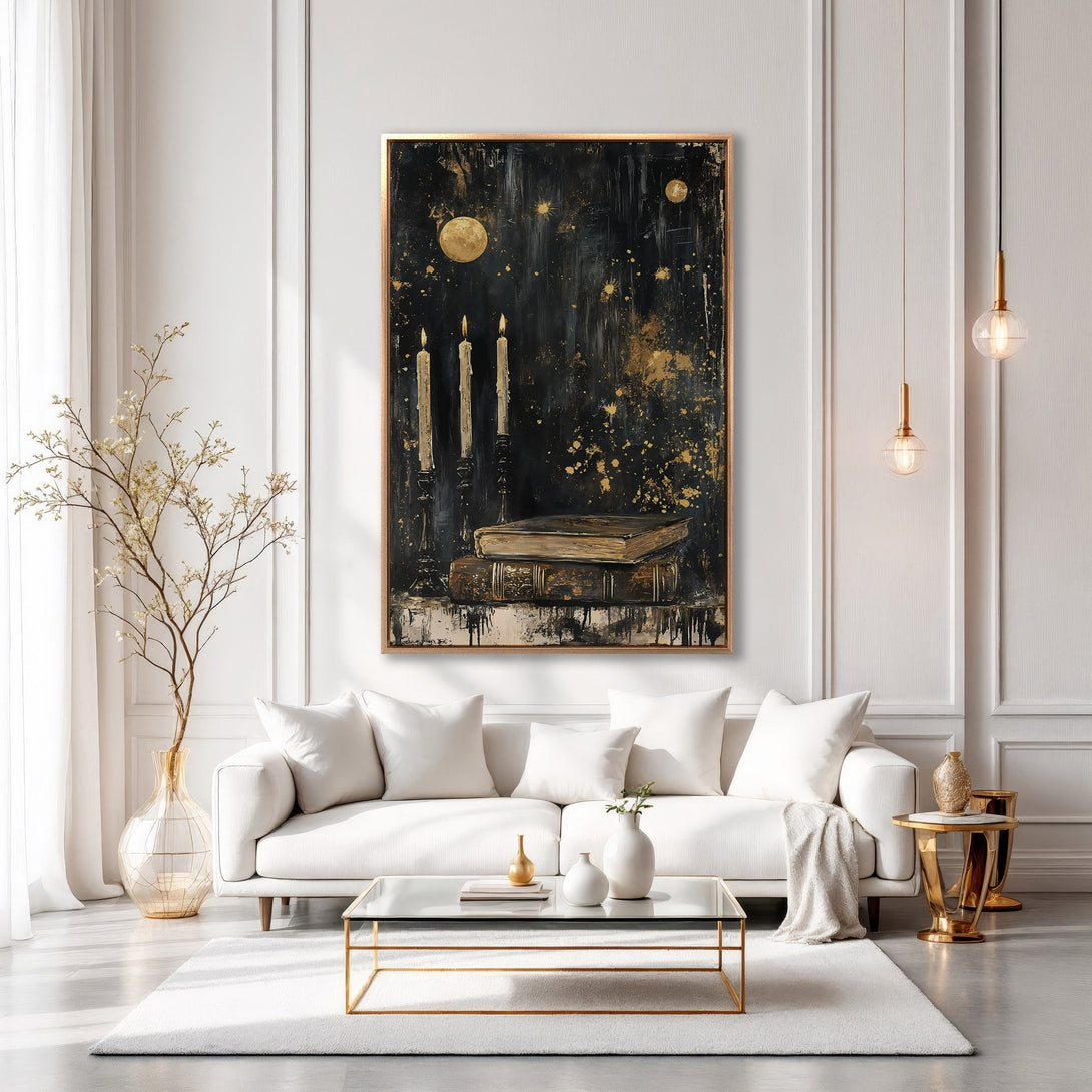 Framed Wall Art: Abstract painting with candles & books in a modern living room. Black, gold, and white color palette. Elevate your space with art!