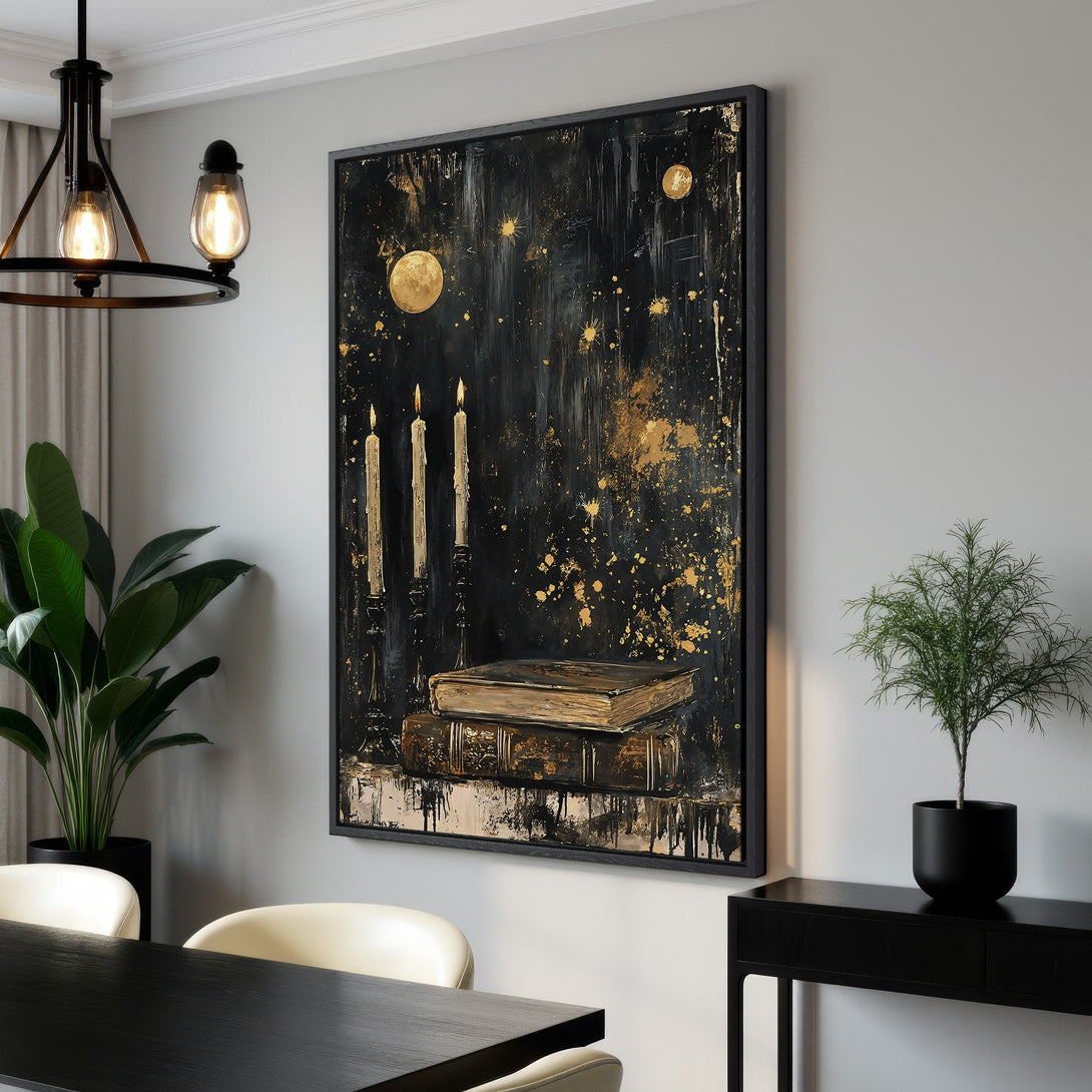 Framed Wall Art featuring a moody, abstract painting with candles and books, in a black and gold color palette. Perfect for adding a touch of elegance!