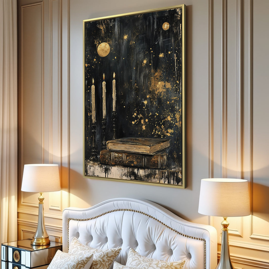 Canvas Print of a moody, abstract painting with candles and books, featuring a black and gold color palette. Perfect for home decor.