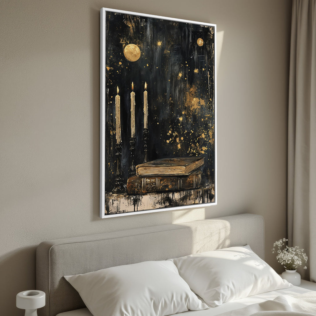 Framed Wall Art: Abstract painting with candles and books in a black, gold, and beige palette. Perfect for adding a touch of elegance to your bedroom decor.