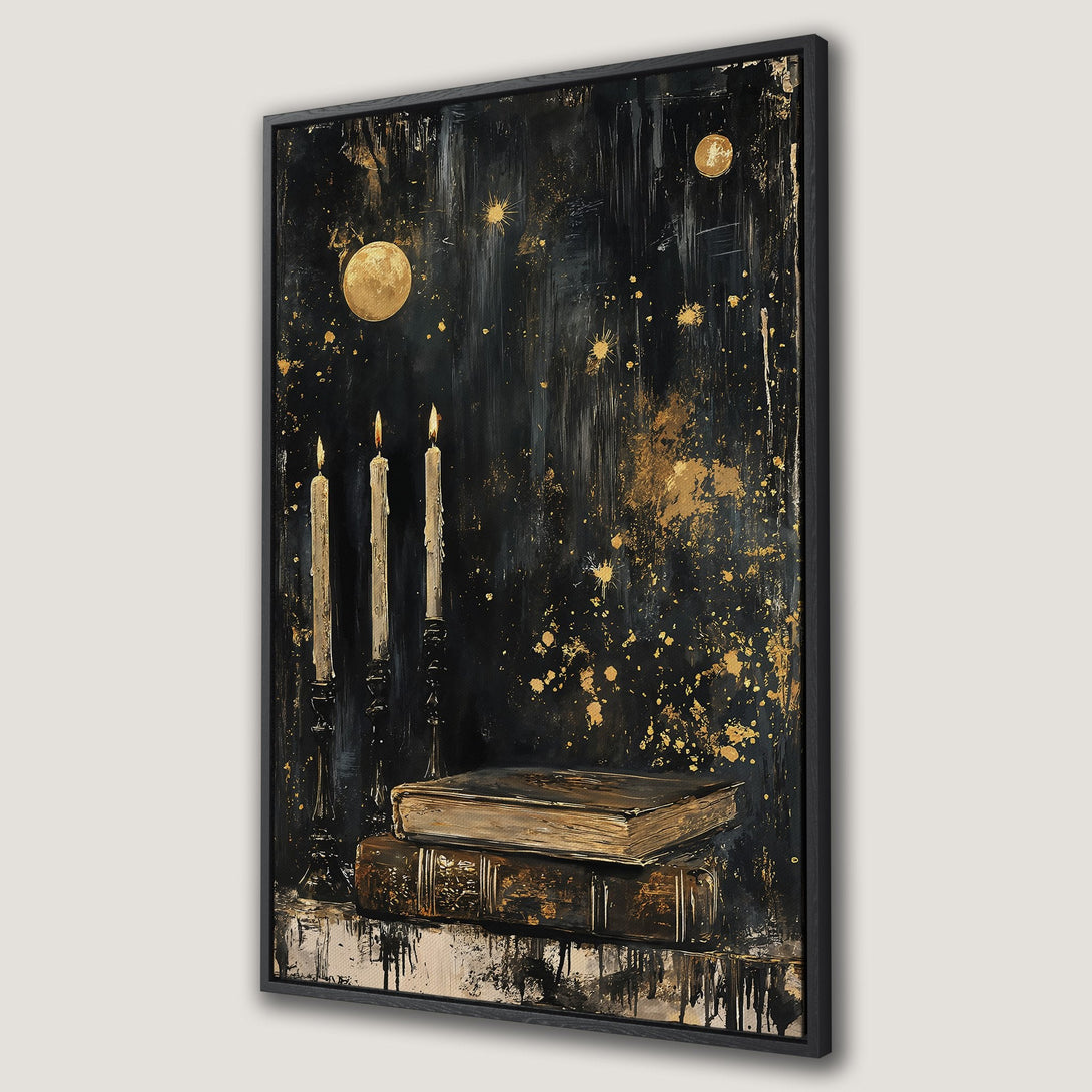Framed Wall Art featuring a moody still life with candles, books, and gold accents on a black background. Perfect for adding a touch of elegance.