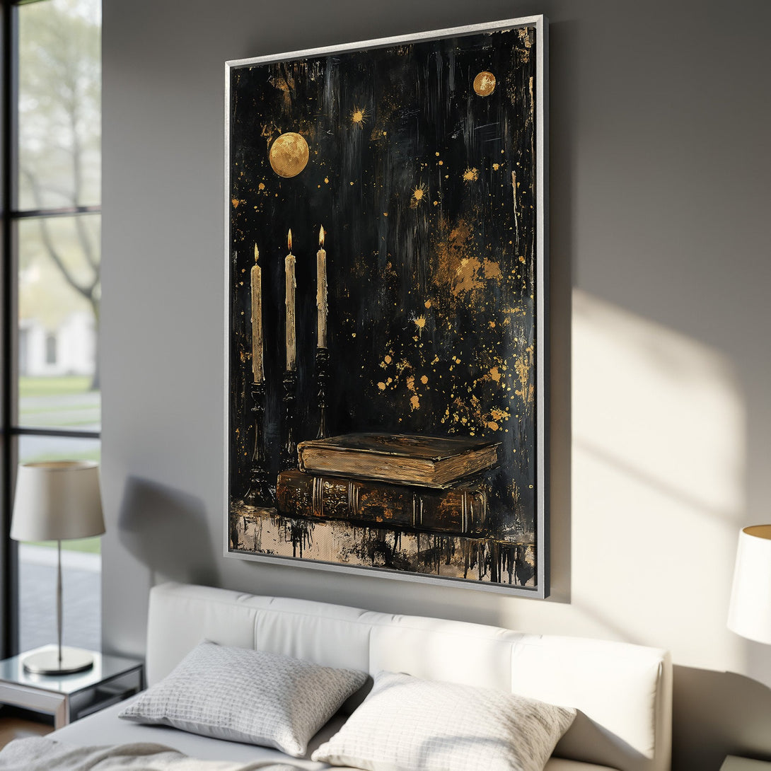 Framed Wall Art: Abstract painting with candles and books. Dark, moody style with gold and black color palette. Perfect for bedroom decor.