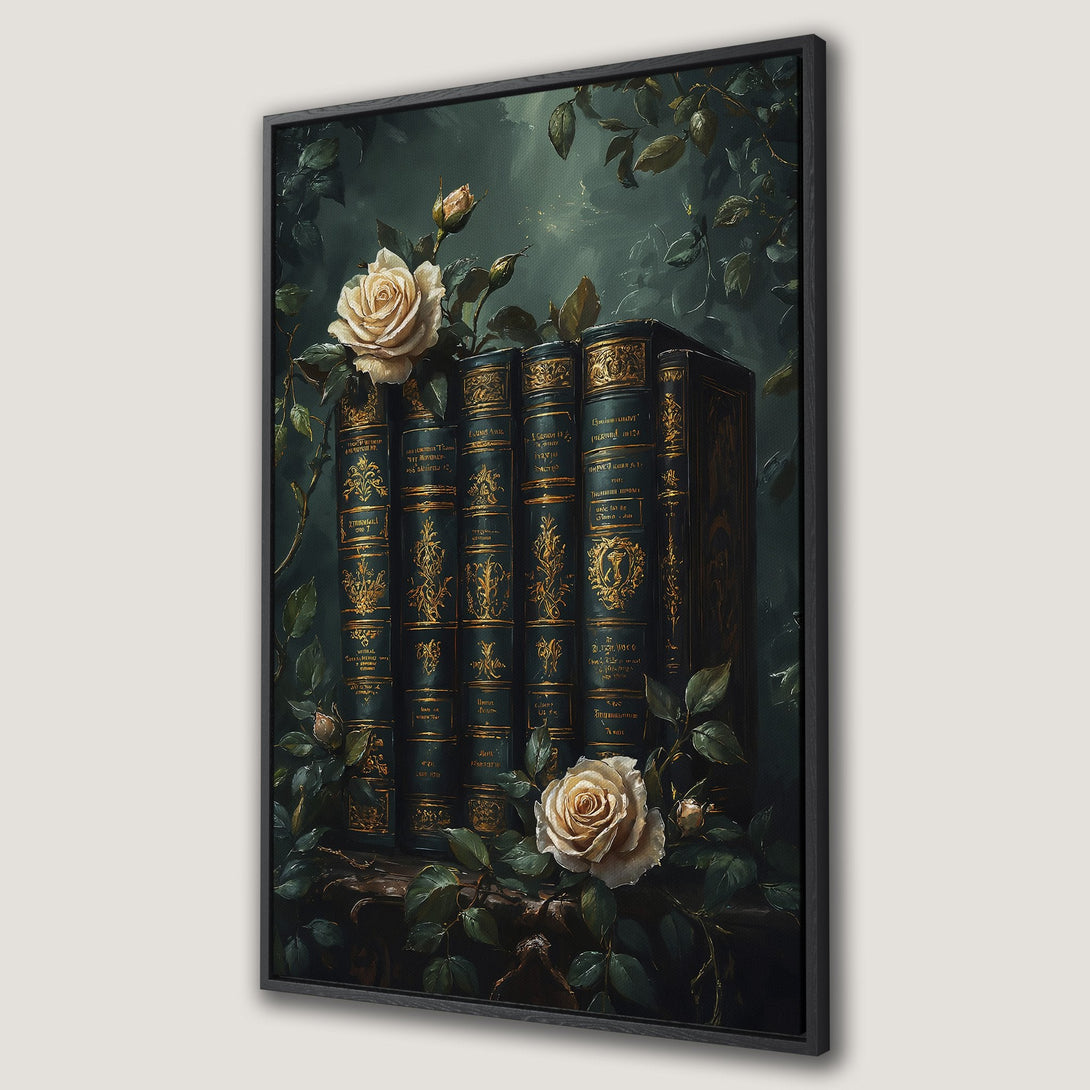 Framed Wall Art featuring vintage books and roses, in a dark, romantic style with a green and gold color palette. Perfect for adding elegance to any room.