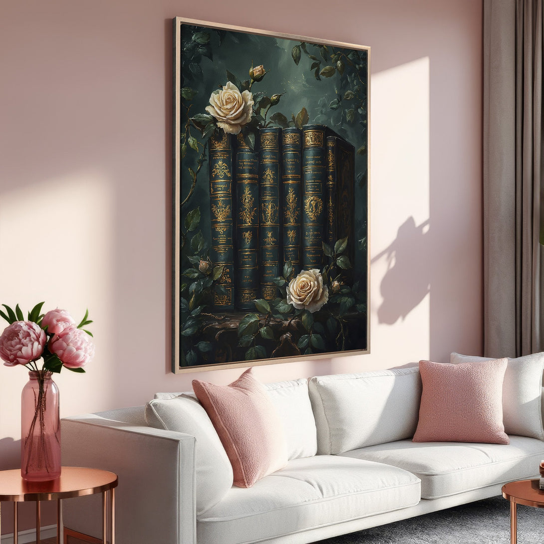 Framed Wall Art: Elegant floral and book print in a dark green and gold palette. Adds a touch of sophistication to any space. Shop now for timeless decor!