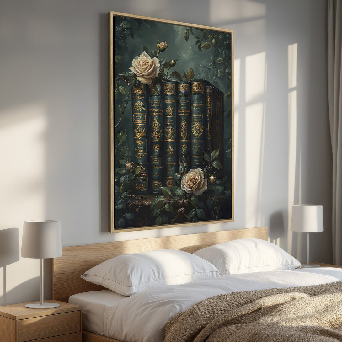 Framed Wall Art featuring vintage books and roses in a moody, dark teal and gold color palette. Perfect for adding a touch of elegance to your bedroom.